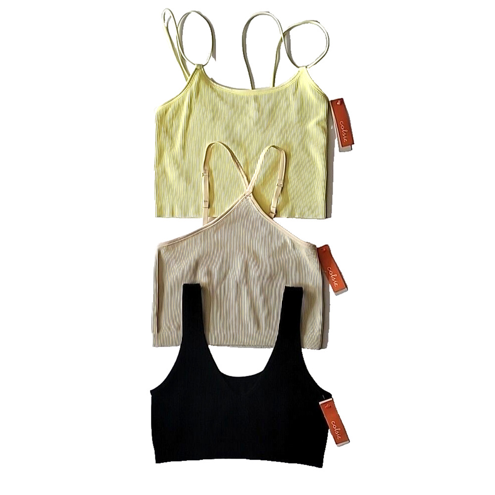 Set Of 3 Colsie Size L Ribbed & Seamless Cami/Crop Tops Yellow Beige & Black